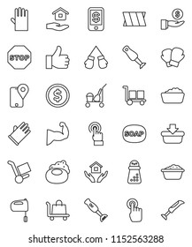 thin line vector icon set - soap vector, cleaner trolley, foam basin, rubber glove, house hold, hand mill, mixer, blender, dollar coin, investment, muscule, boxing, traking, cargo, touchscreen, stop