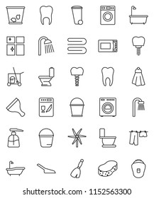 thin line vector icon set - scraper vector, cleaner trolley, broom, scoop, bucket, sponge, towel, trash bin, bath, toilet, drying clothes, washer, liquid soap, shining window, shower, microwave oven