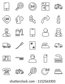 thin line vector icon set - vacuum cleaner vector, fetlock, car, window cleaning, iron, steaming, agent, shining, woman, dollar cursor, phone 24, support, delivery, cargo search, mobile, amkbulance