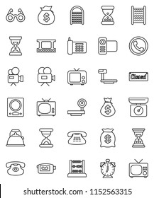 thin line vector icon set - washboard vector, kettle, glasses, alarm clock, abacus, money bag, sand, phone, big scales, film frame, tv, video camera, classic, closed, kitchen