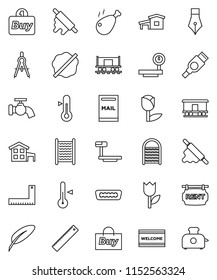 thin line vector icon set - water tap vector, splotch, welcome mat, washboard, rolling pin, thermometer, chicken leg, pen, corner ruler, drawing compass, Railway carriage, tulip, big scales, hdmi