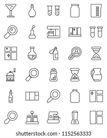 thin line vector icon set - window cleaning vector, shining, oil, measuring cup, hand mill, spices, jug, jar, magnifier, flask, glass, vial, sand clock, potion, client search, coffee maker, blender