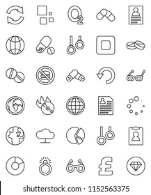 thin line vector icon set - glasses vector, world, personal information, pie graph, pound, pills, no fastfood, gymnast rings, oxygen, earth, music hit, stop button, cloud network, refresh, undo