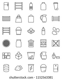 thin line vector icon set - bucket vector, trash bin, garbage pile, jug, sieve, jar, enegry drink, water bottle, sea container, port, wood box, consolidated cargo, package, oil barrel, shelving