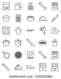 thin line vector icon set - pan vector, cook hat, apron, glove, timer, whisk, spatula, knife, grater, oven, double boiler, cookbook, sieve, dish, mixer, toaster