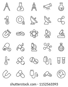 thin line vector icon set - thermometer vector, drawing compass, atom, telescope, microscope, magnet, flask, pills, molecule, oxygen, satellite, antenna, vial, drop counter, ovule
