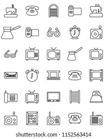 thin line vector icon set - washboard vector, kettle, turk coffee, glasses, alarm clock, abacus, phone, film frame, radio, tv, classic, closed, video camera, sewing machine