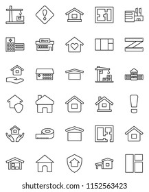thin line vector icon set - house hold vector, school building, measuring, dry cargo, hospital, home, attention sign, cottage, barn, plan, love, construction crane, protect, mall, window