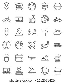 thin line vector icon set - camping cauldron vector, backpack, compass, school bus, world, bike, signpost, navigator, earth, map pin, Railway carriage, plane, ship, route, globe, mountain