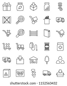 thin line vector icon set - washing powder vector, cereal, pasta, delivery, wood box, cargo, no trolley, hook, warehouse, package, search, pills bottle, drop counter, relocation truck, gift
