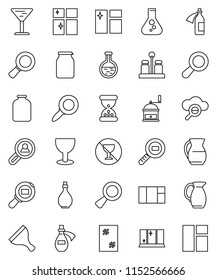 thin line vector icon set - scraper vector, window cleaning, shining, oil, hand mill, spices, jug, jar, magnifier, flask, no alcohol sign, glass, cargo search, sand clock, potion, cloud, client