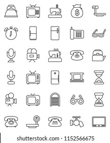thin line vector icon set - water tap vector, washboard, kettle, glasses, alarm clock, money bag, phone, big scales, film frame, tv, video camera, microphone, classic, sand, fridge, sewing machine