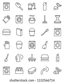 thin line vector icon set - broom vector, vacuum cleaner, mop, bucket, sponge, car fetlock, steaming, washer, washing powder, cleaning agent, rubber glove