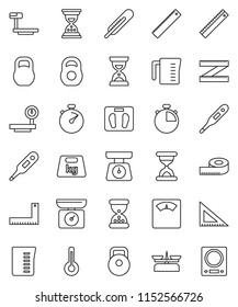 thin line vector icon set - measuring cup vector, scales, corner ruler, sand clock, stopwatch, weight, big, thermometer, store, kitchen
