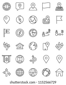 thin line vector icon set - compass vector, world, flag, dollar, route, navigator, earth, map pin, traking, internet, connection, globe, arrow, home