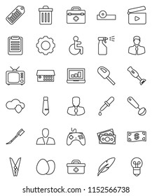 thin line vector icon set - clothespin vector, trash bin, car fetlock, sprayer, ladle, blender, egg, pen, clipboard, laptop graph, manager, tie, money, client, barcode, cinema clap, tv, gamepad