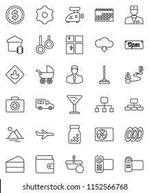thin line vector icon set - mop vector, shining window, plates, cake, dollar coin, wallet, hierarchy, first aid kit, gymnast rings, plane, client, car, calendar, glass, flammable, route, doctor