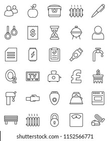 thin line vector icon set - kettle vector, bbq, apple fruit, pen, document, bank building, receipt, sand clock, pound, scales, enegry drink, gymnast rings, oxygen, tv, group, hdmi, lan connector