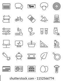 thin line vector icon set - pan vector, ladle, grater, bbq, egg, mushroom, corner ruler, schedule, leaf, pills vial, bike, calendar, tulip, film frame, disk, dialog, patch, microscope, equalizer