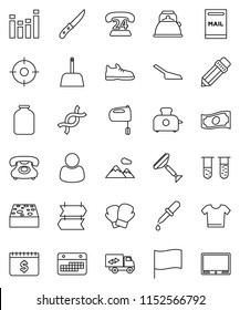 thin line vector icon set - scraper vector, scoop, sponge, kettle, knife, mixer, jar, pencil, flag, cash, dollar calendar, snickers, boxing glove, phone, 24, equalizer, vial, dna, dropper, mailbox