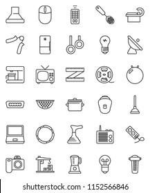 thin line vector icon set - plunger vector, pan, colander, skimmer, measuring, hand trainer, fitball, hoop, gymnast rings, satellite antenna, film spool, remote control, notebook pc, hdmi, fridge