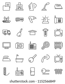 thin line vector icon set - broom vector, iron, steaming, bath, dry cargo, estate document, search, key, relocation truck, fireplace, fridge, tv, password, siren, monitor, hair dryer, camera, phone