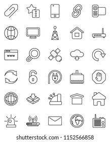 thin line vector icon set - world vector, earth, satellite, dry cargo, antenna, video camera, mobile phone, link, browser, lan connector, home, favorites, refresh, redo, cloud upload, mail, globe