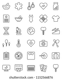 thin line vector icon set - scales vector, clipboard, jump rope, swimsuite, t shirt, calendar, stairways run, breads, heart cross, first aid kit, gymnast rings, ambulance star, pulse, thermometer