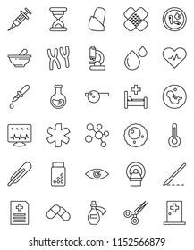 thin line vector icon set - flask vector, pills vial, molecule, ambulance star, heart pulse, thermometer, eye, pregnancy, syringe, dropper, scissors, scalpel, sand clock, patch, mortar, doctor hat