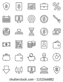 thin line vector icon set - abacus vector, bank, dollar coin, pie graph, japanese candle, laptop, wallet, crisis, piggy, manager, case, stack, receipt, target, sand clock, arrow down, shield, cash