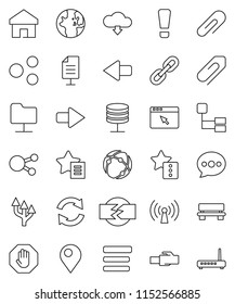 thin line vector icon set - world vector, social media, connection, network folder, server, browser, menu, lan connector, share, home, favorites, message, bench, arrow, refresh, cloud download, stop
