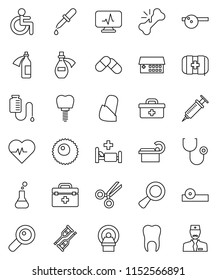 thin line vector icon set - heart pulse vector, first aid kit, doctor bag, disabled, flask, magnifier, syringe, dropper, crutches, scissors, broken bone, stethoscope, pills, eye hat, hospital bed