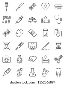 thin line vector icon set - flask vector, pills vial, heart cross, first aid kit, pulse, thermometer, gender sign, dna, syringe, crutches, scissors, scalpel, sand clock, patch, stethoscope, building