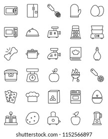 thin line vector icon set - pan vector, oil, scales, cook hat, glove, timer, skimmer, grater, toaster, microwave oven, double boiler, cookbook, spices, bbq, dish, cereal, egg, potato, apple fruit