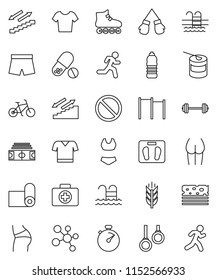 thin line vector icon set - barbell vector, scales, stadium, stopwatch, bike, horizontal bar, buttocks, boxing glove, shorts, swimsuite, t shirt, roller Skates, pills, sports nutrition, molecule