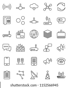 thin line vector icon set - clipboard vector, antenna, loudspeaker, internet, mobile phone, dialog, speaking man, connect, network, server, big data, firewall, router, lan connector, share, refresh
