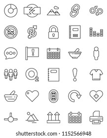 thin line vector icon set - copybook vector, pie graph, man, calendar, no fastfood, oxygen, stadium, attention, top sign, equalizer, link, heart, cross, gender, mortar, connect, message, redo, lock