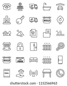 thin line vector icon set - house hold vector, chalet, pool, mailbox, solar panel, fruit tree, mountain, garage, estate document, sale signboard, sold, low price, search, key, lock, crib, table