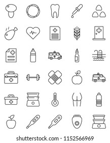 thin line vector icon set - double boiler vector, cereal, mushroom, chicken leg, oil, apple fruit, barbell, heart pulse, buttocks, water bottle, cereals, pool, hoop, doctor bag, thermometer, dropper