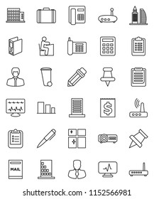 thin line vector icon set - trash bin vector, shining window, pencil, student, pen, clipboard, paper pin, manager, case, binder, phone, receipt, sorting, thumbtack, diagnostic monitor, router