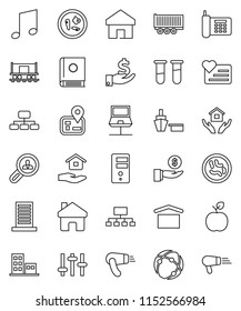 thin line vector icon set - house hold vector, apple fruit, music, investment, hierarchy, heart monitor, navigator, Railway carriage, phone, truck trailer, port, dry cargo, settings, vial, microbs