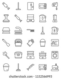 thin line vector icon set - plunger vector, vacuum cleaner, fetlock, mop, bucket, sponge, car, rubber glove, kettle, spatula, microwave oven, double boiler, blender, fridge, washer, mixer