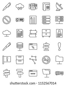 thin line vector icon set - pen vector, archive, personal information, prohibition sign, no smoking, signpost, attention, satellite antenna, network, folder, server, cloud, exchange, big data, phone