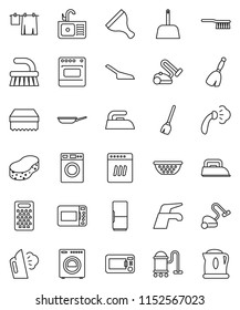 thin line vector icon set - scraper vector, broom, water tap, vacuum cleaner, fetlock, scoop, sponge, iron, steaming, drying clothes, washer, sink, pan, colander, grater, fridge, dishwasher, kettle