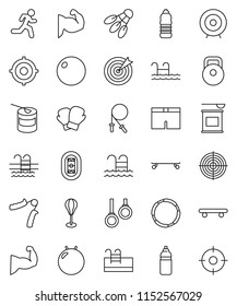 thin line vector icon set - target vector, weight, jump rope, hand trainer, punching bag, fitball, muscule, boxing glove, shorts, skateboard, sports nutrition, water bottle, shuttlecock, pool, hoop