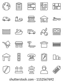 thin line vector icon set - signpost vector, earth, office, satellite, money, traffic light, phone 24, support, ship, sea container, car, receipt, port, consolidated cargo, clipboard, dry, top sign
