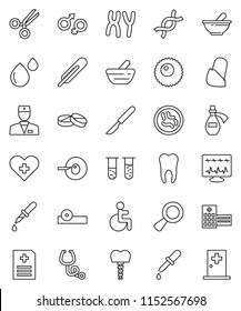 thin line vector icon set - disabled vector, heart cross, doctor, thermometer, vial, gender sign, dna, magnifier, insemination, dropper, scissors, scalpel, stethoscope, pills, mortar, eye hat, ovule