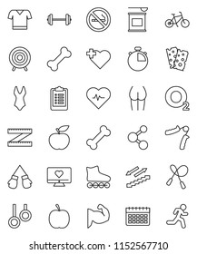 thin line vector icon set - diet vector, barbell, measuring, heart pulse, stopwatch, clipboard, bike, jump rope, hand trainer, muscule, buttocks, boxing glove, swimsuite, t shirt, roller Skates