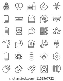 thin line vector icon set - kettle vector, atom, magnet, hand trainer, muscule, boxing glove, gymnast rings, flammable, oil barrel, battery, rca, gear, solar panel, windmill, air conditioner, heater