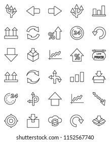 thin line vector icon set - graph vector, crisis, percent growth, target, arrow down, up, route, top sign, package, sorting, cloud exchange, refresh, redo, undo, low price signboard, 24 hour